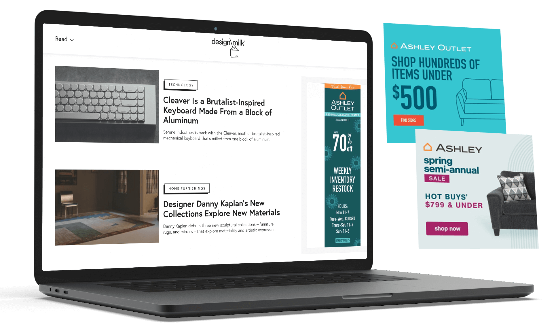 a picture showing display ads, both isolated and on a laptop, ashley home decor made with Birch and Flame, a retail marketing agency.