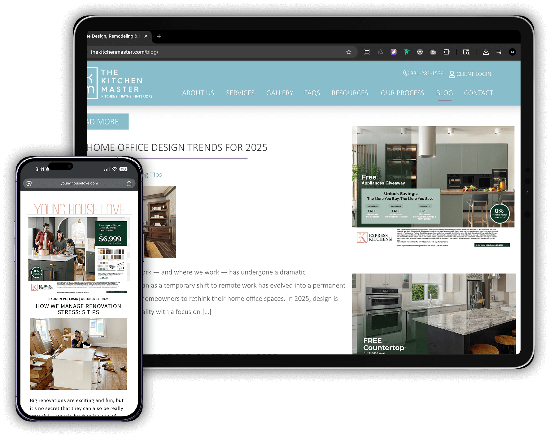 picture of a tablet and iphone both showing online display ads that express kitchens made with birch and flame, a home improvement marketing agency.