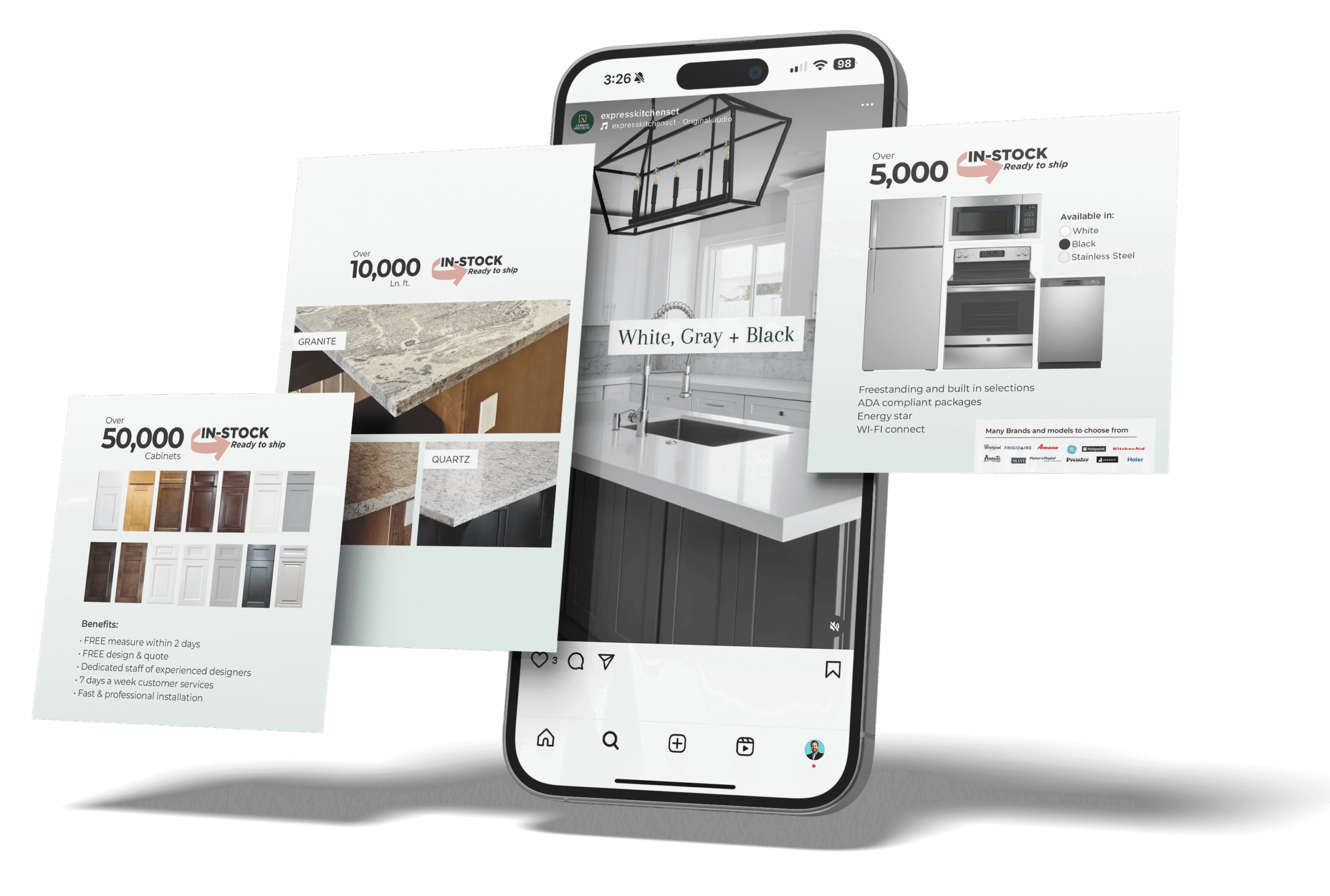 a photo of a phone showing social display ads that Express Kitchen made with Birch and Flame, a home improvement marketing agency.
